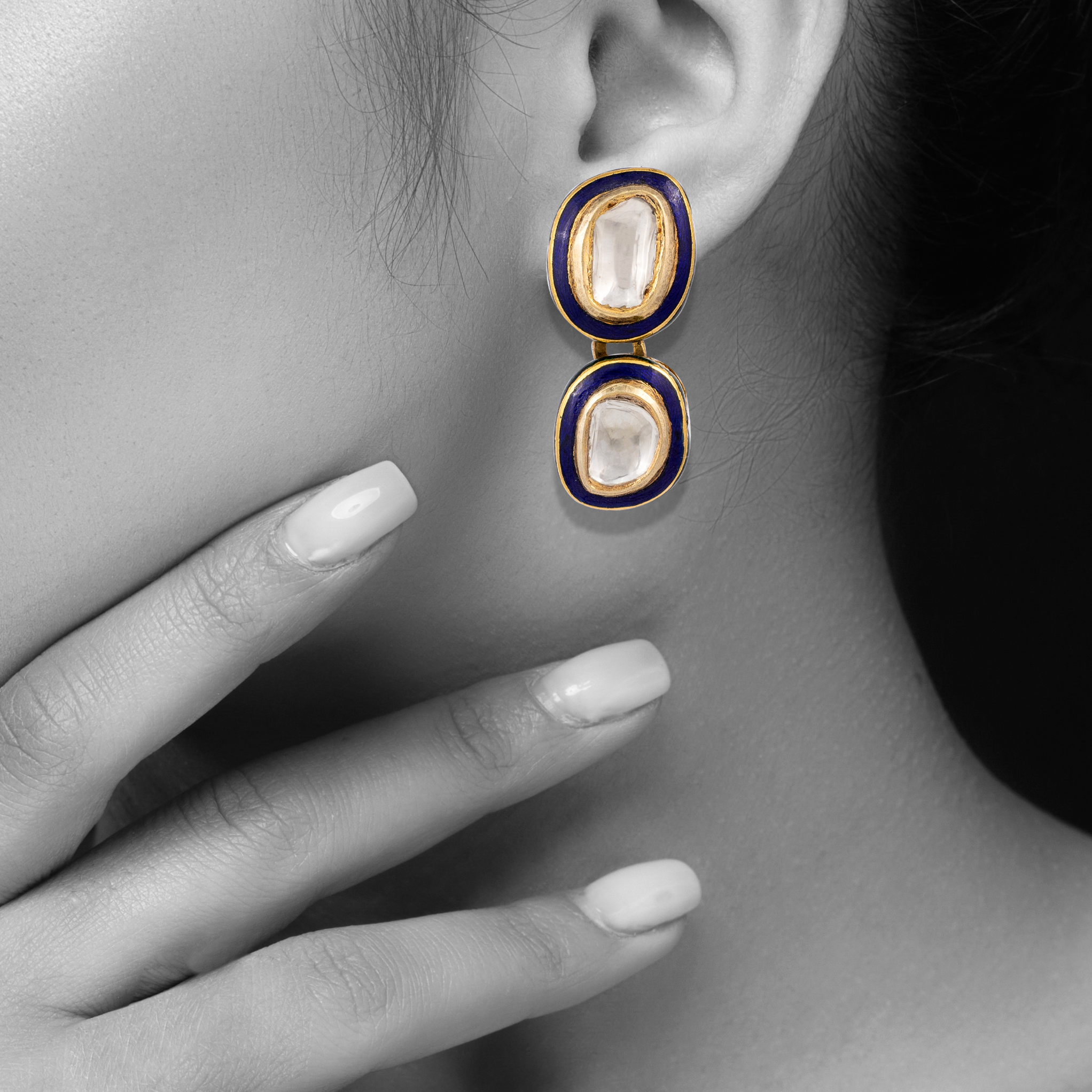 Framed Blue Enamel Polki Necklace with Central Teardrop Pendant